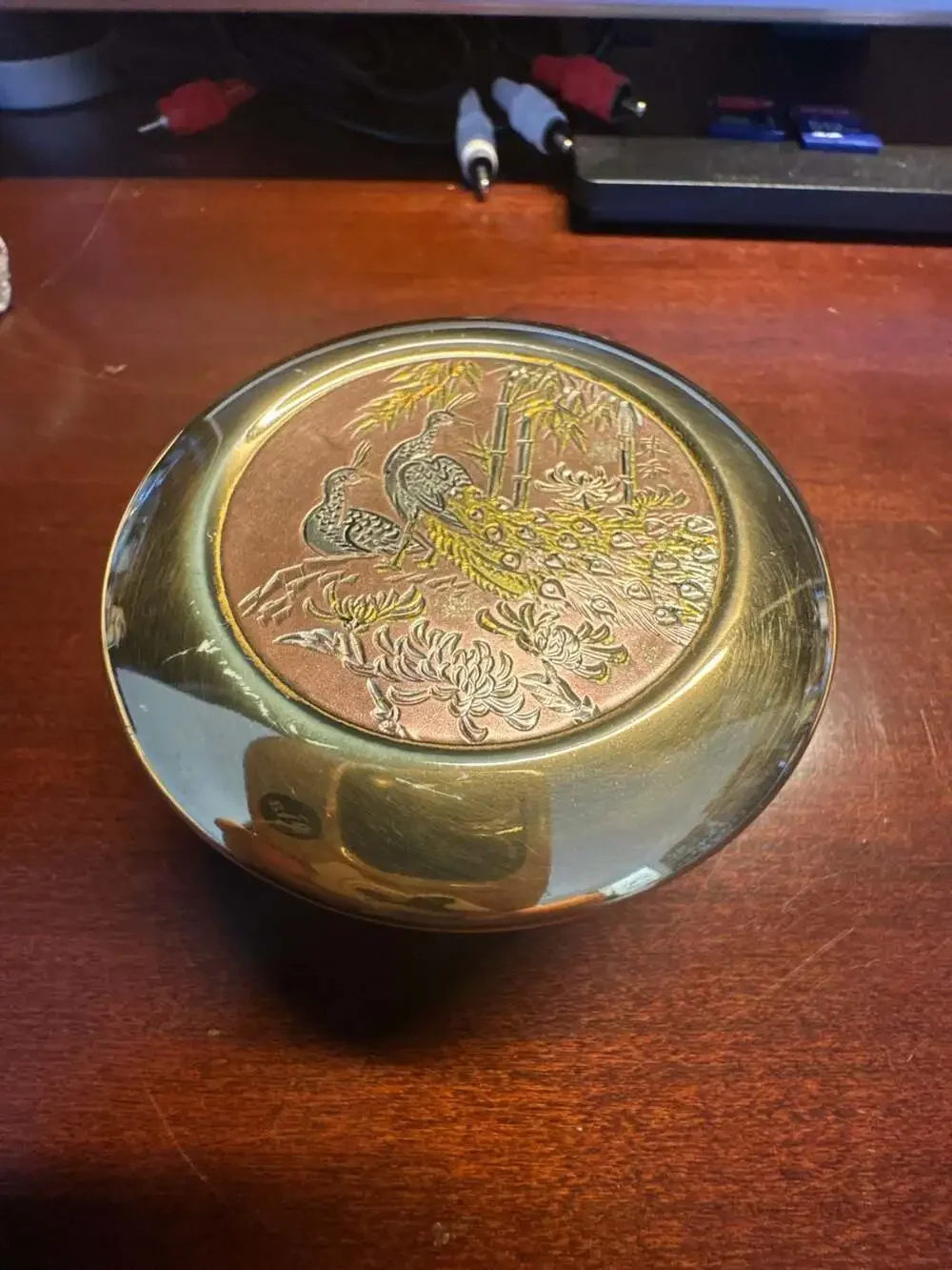Vintage The Art of Chokin Porcelain Trinket Box with Gold Trim and Peacock Desig
